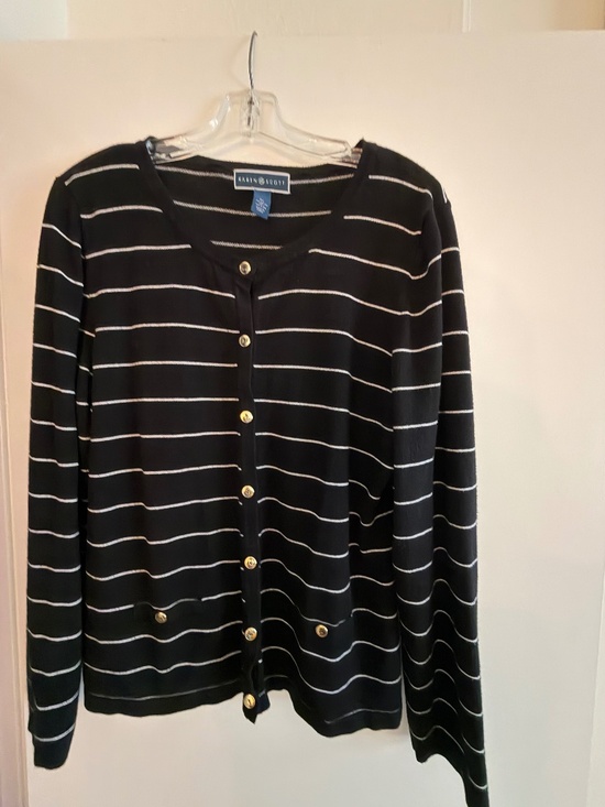 Karen Scott Sweaters - Karen Scott Black & White Striped Button‑Front Cardigan – Size XL